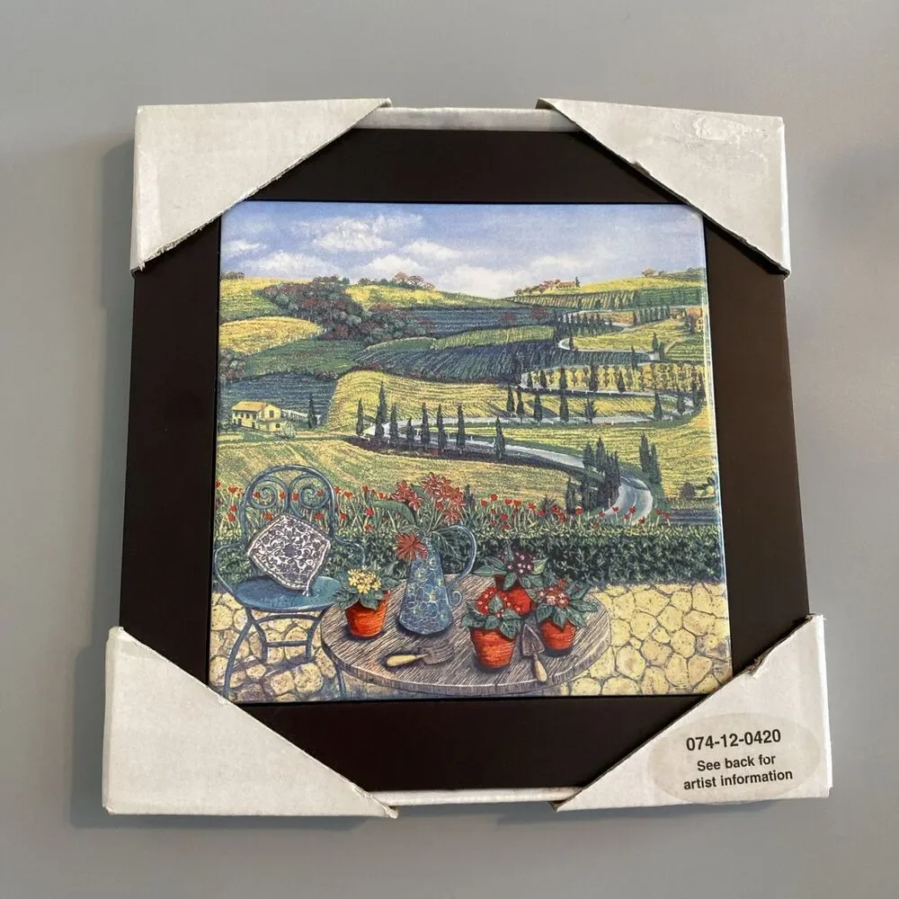 Vtg Sarina Art Tile 8x8 Tuscan Vineyard Landscape Patio Garden Chair Italy Style